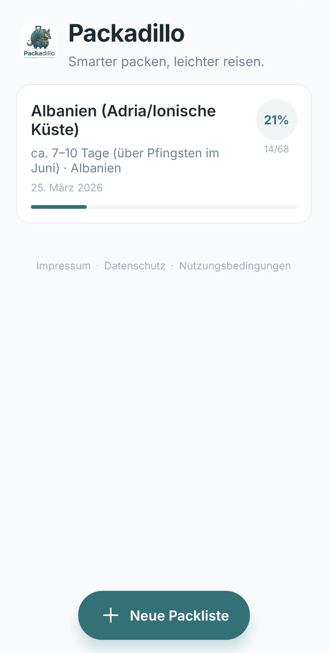 Packadillo App — Dashboard mit Packlisten-Übersicht