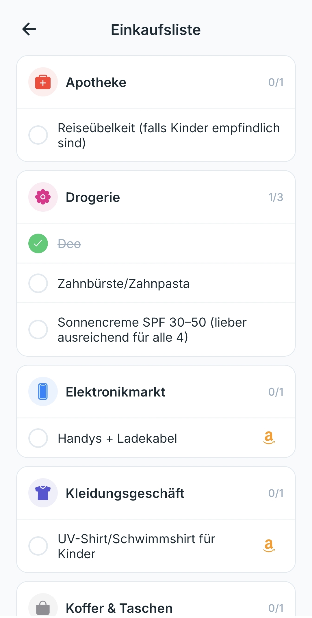 Packadillo App — Einkaufsliste mit Kategorien