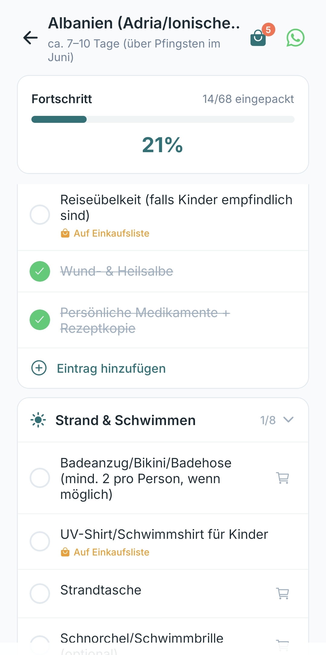 Packadillo App — KI-generierte Packliste mit Fortschritt